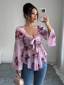 Sweet Floral Ombre Tie-Back Square Neck Long Sleeve Blouse Sweet Floral Ombre Tie-Back Square Neck Long Sleeve Blouse - Image 5