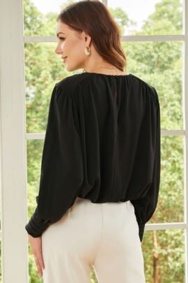 Black Padded Shoulder Buttoned Cuffs Pleated Loose Blouse - Image 2