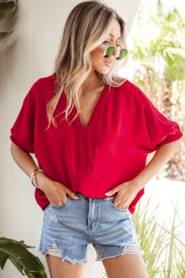 Racing Red Braided Trim V Neck Half Sleeve Blouse Racing Red Braided Trim V Neck Half Sleeve Blouse - Image 7