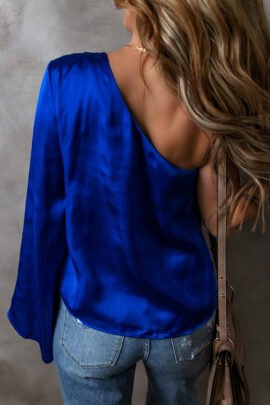 Dark Blue Asymmetric One Shoulder Bell Sleeve Satin Blouse Dark Blue Asymmetric One Shoulder Bell Sleeve Satin Blouse - Image 2