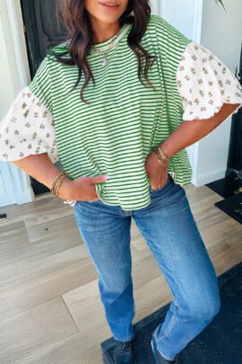 Red Stripe Floral Puff Sleeve Patchwork Round Neck Loose Top Red Stripe Floral Puff Sleeve Patchwork Round Neck Loose Top - Image 6