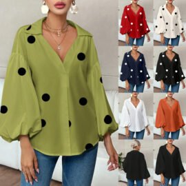 Polka Dot Half-Open Neck Loose Bubble Sleeve Long Sleeve Top Polka Dot Half-Open Neck Loose Bubble Sleeve Long Sleeve Top - Image 2