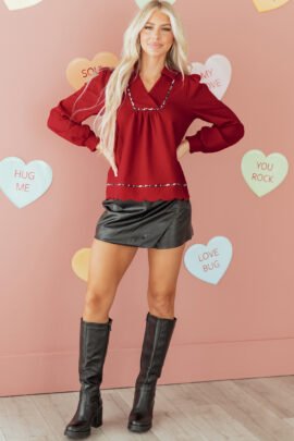 Fiery Red Collar V Neck Leopard Contrasted Trim Textured Blouse - Image 5