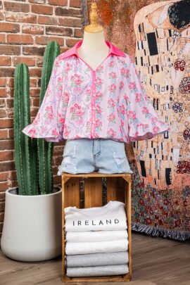 Purple Floral Collared Ruffled Half Sleeve Shirt Purple Floral Collared Ruffled Half Sleeve Shirt - Image 4