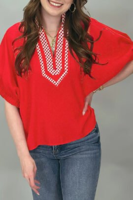 Red V Neck Plaid Collar Short Sleeve Tunic Blouse Red V Neck Plaid Collar Short Sleeve Tunic Blouse - Image 2