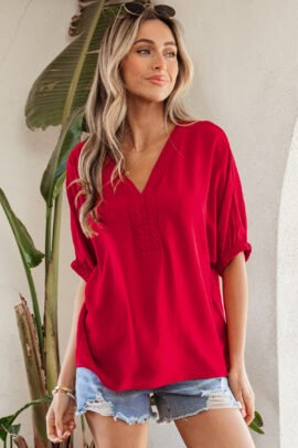Racing Red Braided Trim V Neck Half Sleeve Blouse Racing Red Braided Trim V Neck Half Sleeve Blouse - Image 5