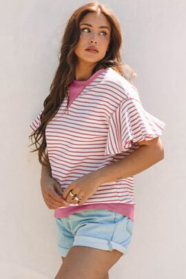 Parchment Contrast Detail Striped Ruffle Short Sleeve Top Parchment Contrast Detail Striped Ruffle Short Sleeve Top - Image 9