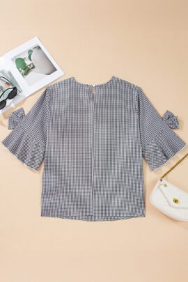 Black Plus Size Plaid Bow Decor Bell Sleeve Round Neck Jumper Black Plus Size Plaid Bow Decor Bell Sleeve Round Neck Jumper - Image 4