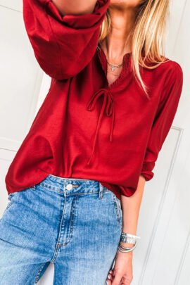 Fiery Red Solid Color Frilled V Neck Bow Detail 3/4 Sleeve Blouse Fiery Red Solid Color Frilled V Neck Bow Detail 3/4 Sleeve Blouse - Image 2