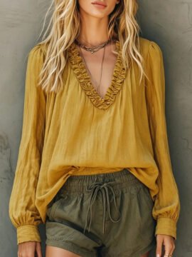 Bohemian Ruffled V Neck Cotton Linen Blouse Long Puff Sleeve Top Bohemian Ruffled V Neck Cotton Linen Blouse Long Puff Sleeve Top - Image 9