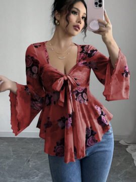Sweet Floral Ombre Tie-Back Square Neck Long Sleeve Blouse Sweet Floral Ombre Tie-Back Square Neck Long Sleeve Blouse - Image 7