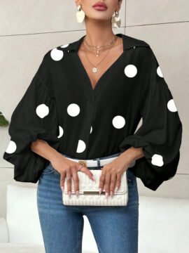 Polka Dot Half-Open Neck Loose Bubble Sleeve Long Sleeve Top Polka Dot Half-Open Neck Loose Bubble Sleeve Long Sleeve Top - Image 8