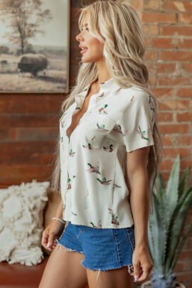 White Mallard Printed Button Flap Pocket Short Sleeve Shirt White Mallard Printed Button Flap Pocket Short Sleeve Shirt - Image 3