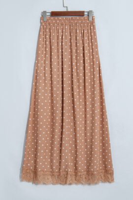 Brown Polka Dot Lace Hem Elegant Long Shift Skirt - Image 17