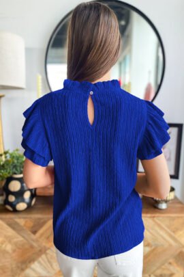 Rose Red Solid Color Textured Ruffle Trim Short Sleeve Blouse Rose Red Solid Color Textured Ruffle Trim Short Sleeve Blouse - Image 8
