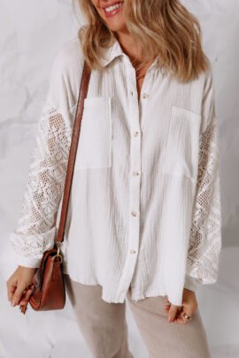 White Cotton Gauze Lace Patchwork Long Sleeve Shirt - Image 4