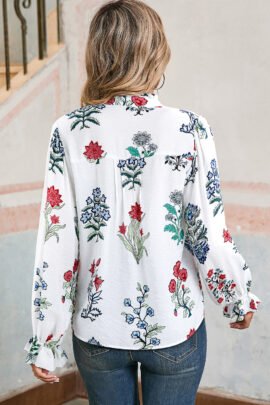 White Floral Print Frilled Collar V Neck Button Down Long Sleeve Shirt White Floral Print Frilled Collar V Neck Button Down Long Sleeve Shirt - Image 2