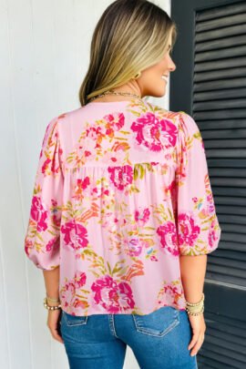 Pink Floral Print Tie Neck Puffy Half Sleeve Blouse - Image 2