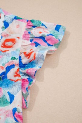 Pink Floral Print Tie V Neck Contrast Detail Ruffle Short Sleeve Blouse Pink Floral Print Tie V Neck Contrast Detail Ruffle Short Sleeve Blouse - Image 7