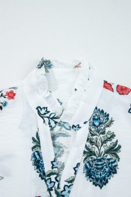 White Floral Print Frilled Collar V Neck Button Down Long Sleeve Shirt White Floral Print Frilled Collar V Neck Button Down Long Sleeve Shirt - Image 5