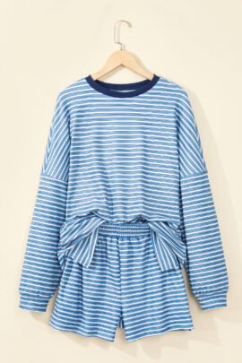 Sky Blue Stripe Long Sleeve Oversized Top Pocketed Casual Shorts Two Piece Set Sky Blue Stripe Long Sleeve Oversized Top Pocketed Casual Shorts Two Piece Set - Image 15