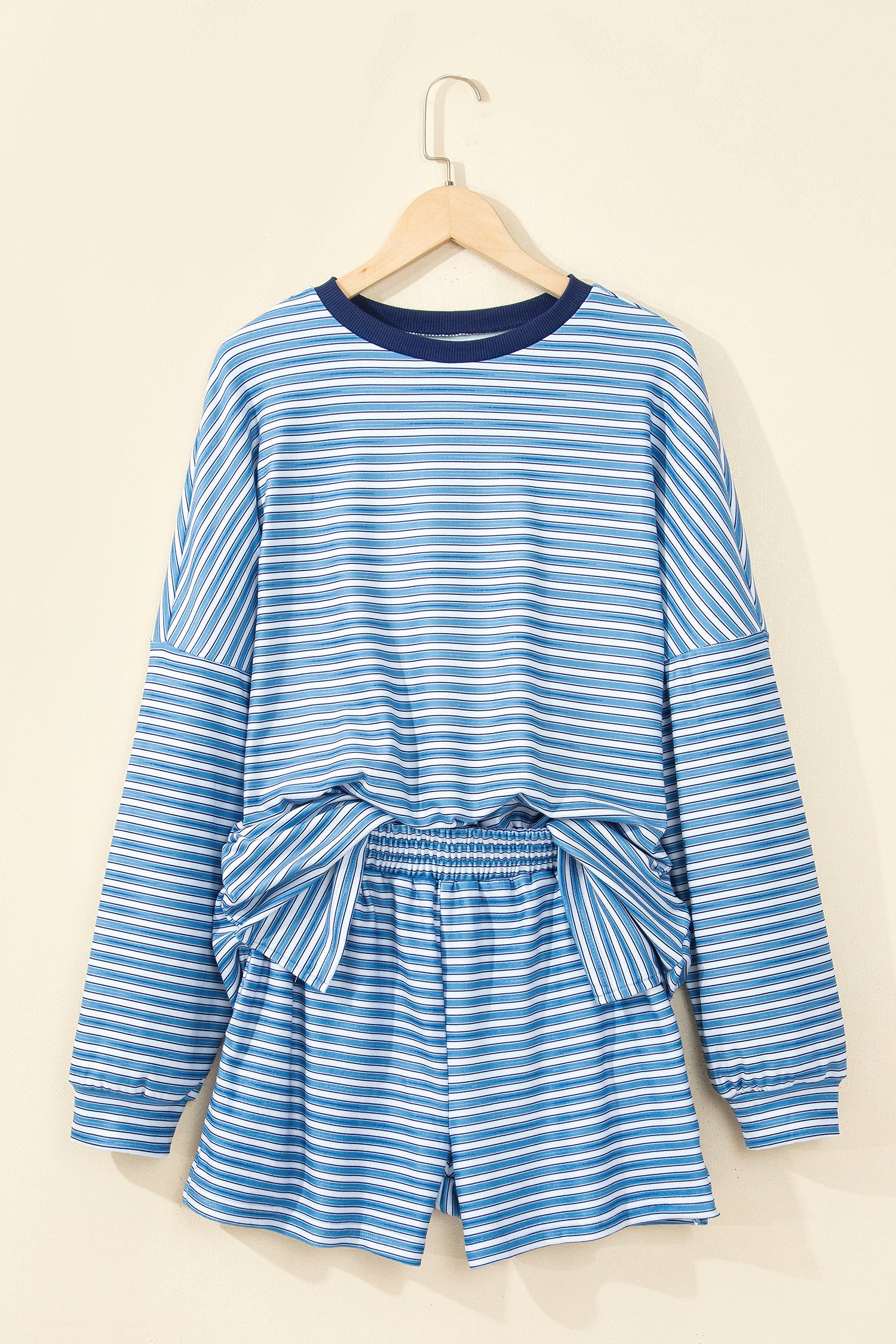 Sky Blue Stripe Long Sleeve Oversized Top Pocketed Casual Shorts Two Piece Set Sky Blue Stripe Long Sleeve Oversized Top Pocketed Casual Shorts Two Piece Set - Image 15