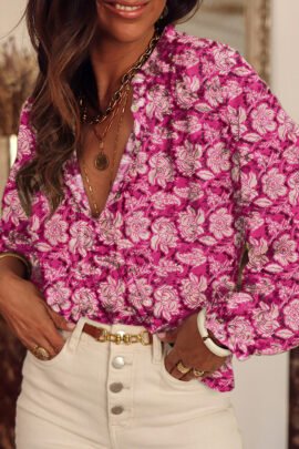 Sky Blue Floral Print Split Neck Pleated Puff Sleeve Blouse Sky Blue Floral Print Split Neck Pleated Puff Sleeve Blouse - Image 3