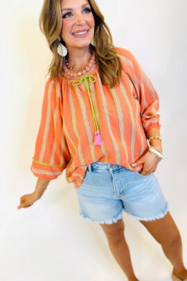 Orange Stripe Tassel Tie Neck Bracelet Sleeve Cotton Blouse - Image 4
