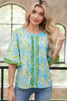 Rose Floral Print Ruffled Color Block Trim Half Sleeve Blouse - Image 6