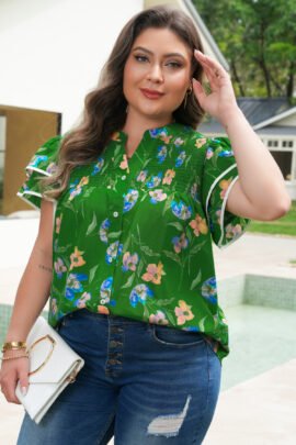 Green Plus Size Ruffled Short Sleeve Floral Top Green Plus Size Ruffled Short Sleeve Floral Top - Image 3
