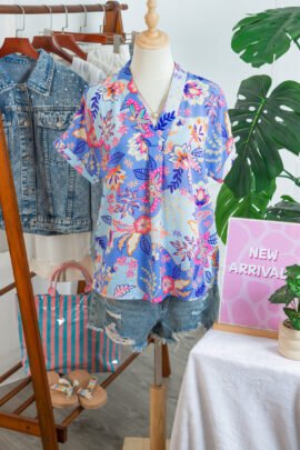Purple Vacation Floral Print V Neck Short Sleeve Blouse - Image 7