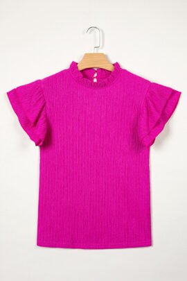 Rose Red Solid Color Textured Ruffle Trim Short Sleeve Blouse Rose Red Solid Color Textured Ruffle Trim Short Sleeve Blouse - Image 3