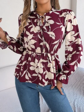 Floral Print Mock Neck Peplum Blouse - Image 15