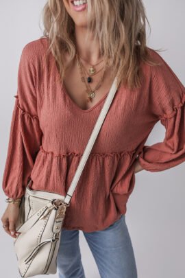 Mineral Red Solid Color Textured Frilled Trim V Neck Puff Sleeve Blouse Mineral Red Solid Color Textured Frilled Trim V Neck Puff Sleeve Blouse - Image 4
