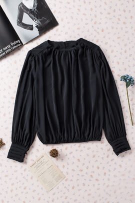 Black Padded Shoulder Buttoned Cuffs Pleated Loose Blouse - Image 8