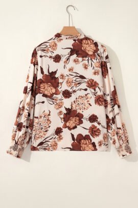 Brown Floral Print Button Down Poet Sleeve Shirt - Image 6