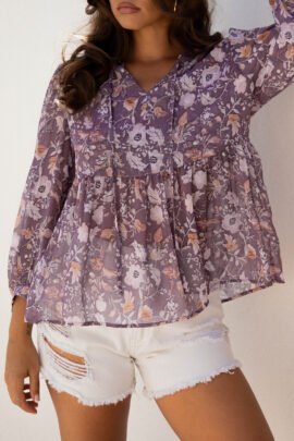 Blue Boho Flower Print 3/4 Sleeve Babydoll Blouse Blue Boho Flower Print 3/4 Sleeve Babydoll Blouse - Image 7