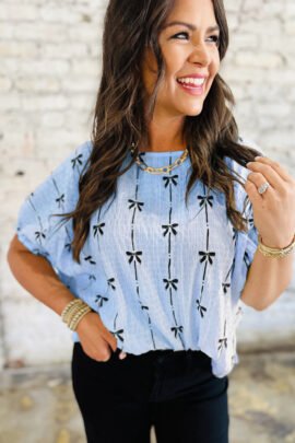 Beige Bow Print Puff Short Sleeve Top - Image 9