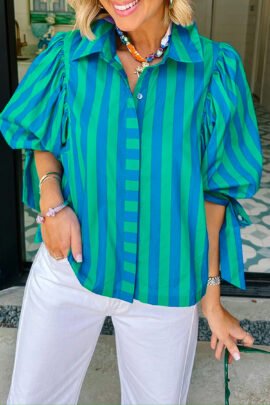 Blue Stripe Tie Puff Sleeve Womens Button Down Shirt Blue Stripe Tie Puff Sleeve Womens Button Down Shirt - Image 3