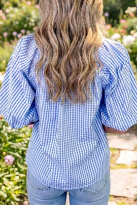 Sky Blue Summer Plaid V Neck Puff Sleeve Blouse Sky Blue Summer Plaid V Neck Puff Sleeve Blouse - Image 2