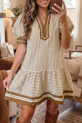Brown Stripe Shirt Collar Color Block Patchwork Trim Ruffle Hem Short Dress
