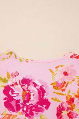 Pink Floral Print Tie Neck Puffy Half Sleeve Blouse - Image 8