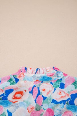 Pink Floral Print Tie V Neck Contrast Detail Ruffle Short Sleeve Blouse Pink Floral Print Tie V Neck Contrast Detail Ruffle Short Sleeve Blouse - Image 8