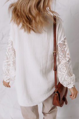 White Cotton Gauze Lace Patchwork Long Sleeve Shirt - Image 2
