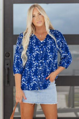 Blue Botanical Print Bracelet Sleeve Notched Neck Blouse Blue Botanical Print Bracelet Sleeve Notched Neck Blouse - Image 7