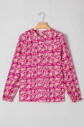 Sky Blue Floral Print Split Neck Pleated Puff Sleeve Blouse Sky Blue Floral Print Split Neck Pleated Puff Sleeve Blouse - Image 5