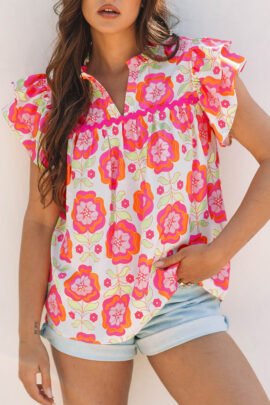 Rose Floral Ruffled Sleeve Ric-rac Trim Split Neck Loose Blouse Rose Floral Ruffled Sleeve Ric-rac Trim Split Neck Loose Blouse - Image 7