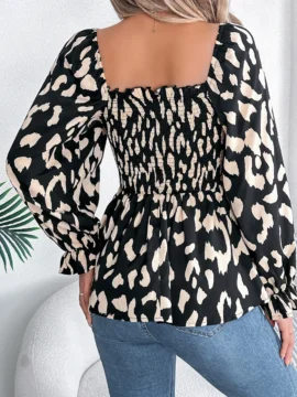 Leopard Print Smocked Square Neck Blouse Leopard Print Smocked Square Neck Blouse - Image 2