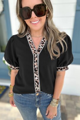 Black V Neck Short Puff Sleeve Contrast Striped Leopard Trim Button Down Shirt Black V Neck Short Puff Sleeve Contrast Striped Leopard Trim Button Down Shirt - Image 6