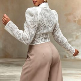 White lace waist cinched bubble sleeve shirt top - Image 2